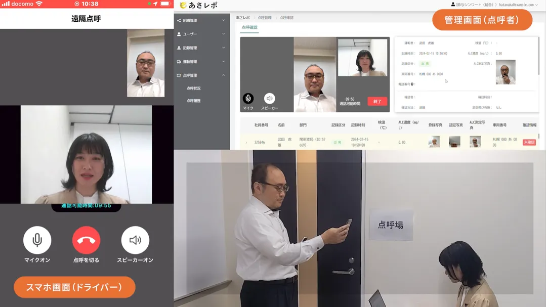 スマートフォンの通話画面・管理画面の点呼確認・点呼場でのドライバー操作をまとめた3場面の画像