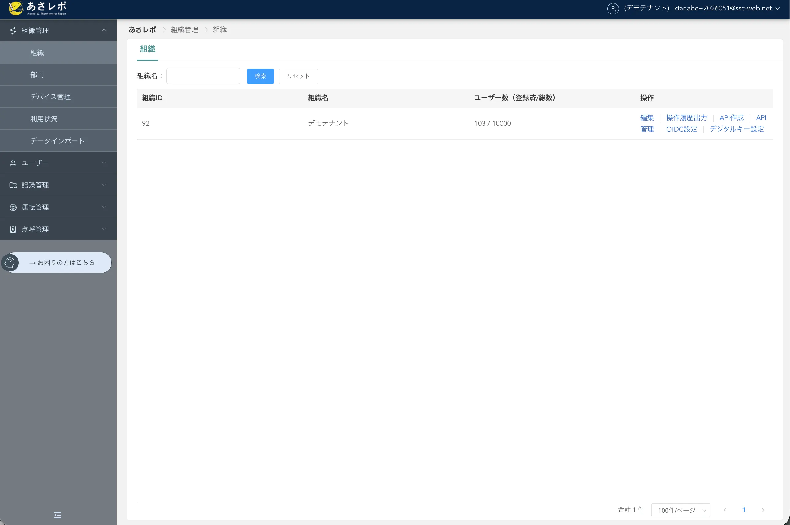 組織一覧画面。組織ID・組織名・ユーザー数・操作リンクが並ぶ一覧表
