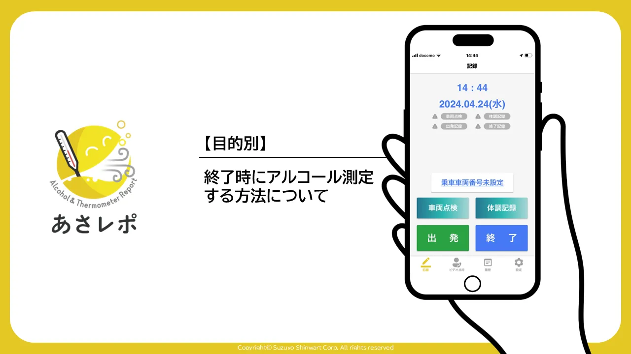 あさレポのロゴと「終了時にアルコール測定する方法について」の見出し、記録画面のスマホ画面を並べた表題スライド