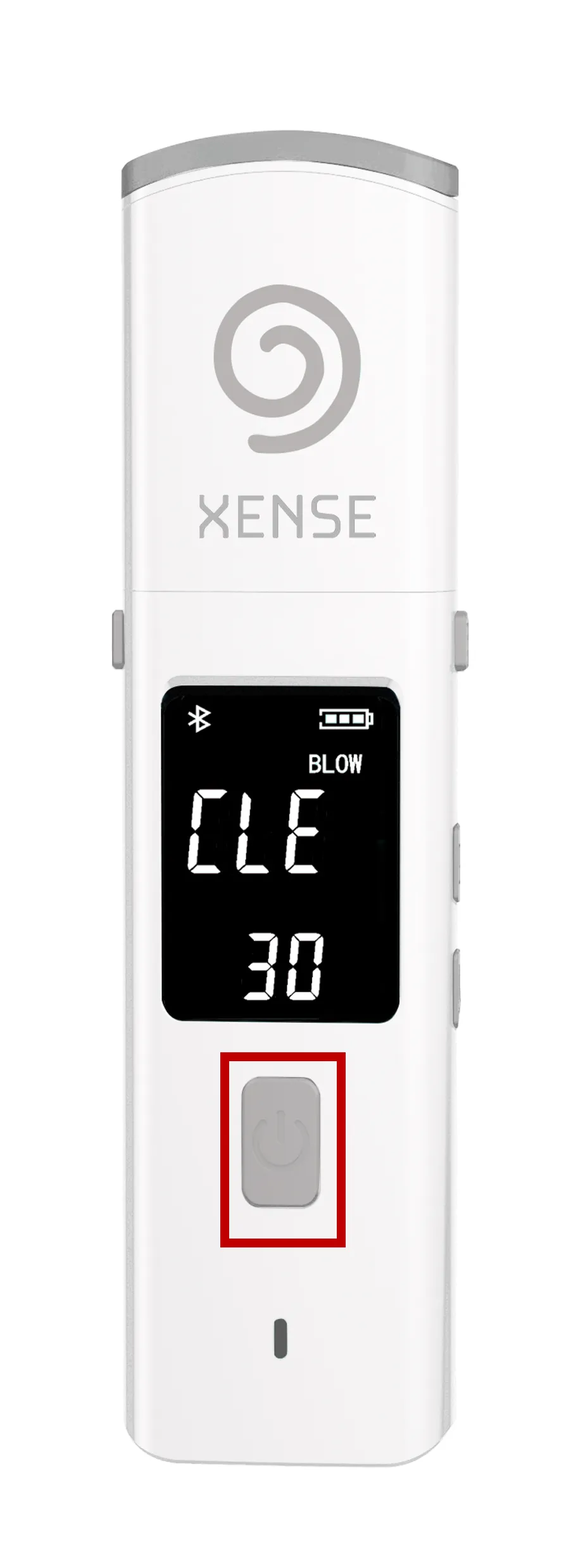 XENSE-83BT本体の電源ボタンを赤枠で示した画面。ディスプレイに「CLE 30」と表示