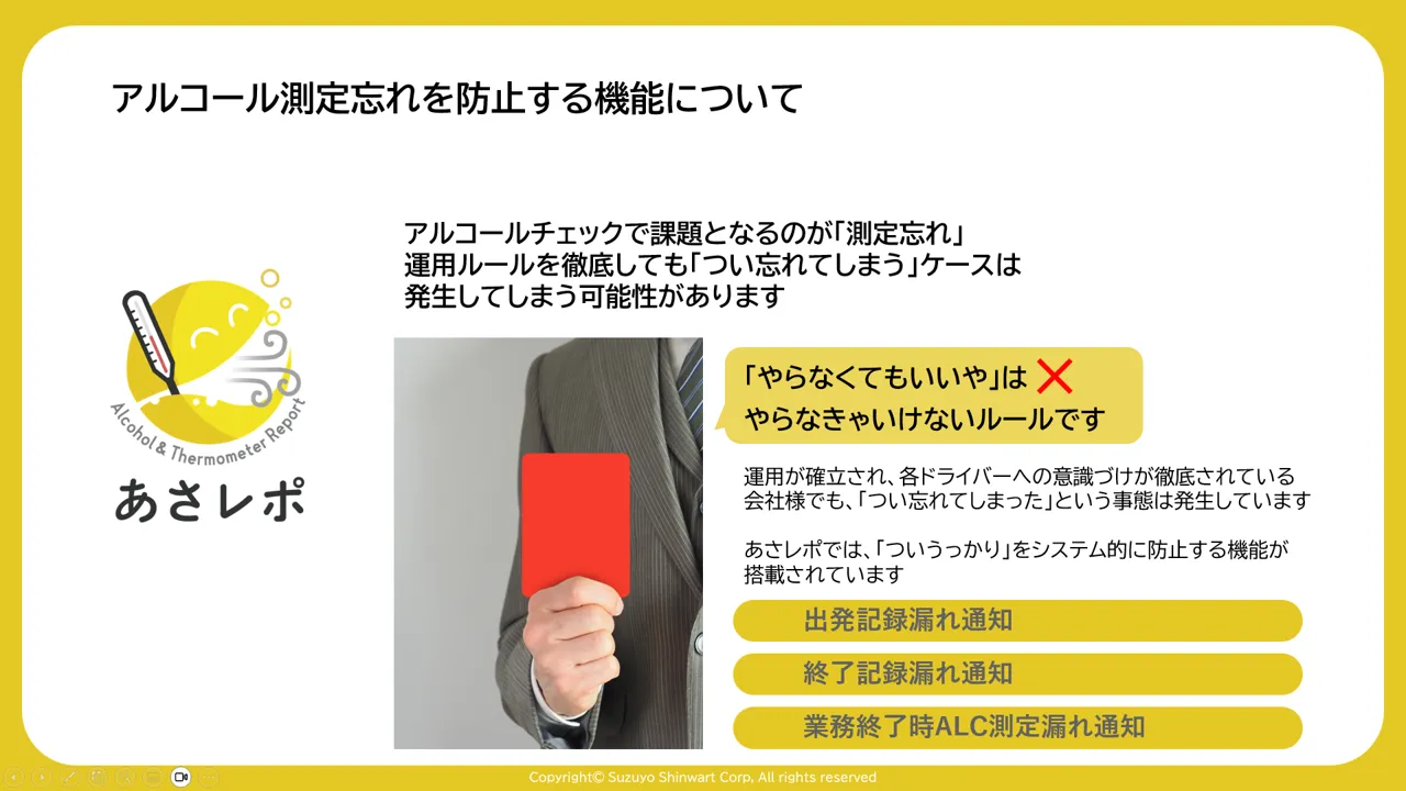 アルコール測定忘れ防止の3つの通知機能とその概要を示すスライド