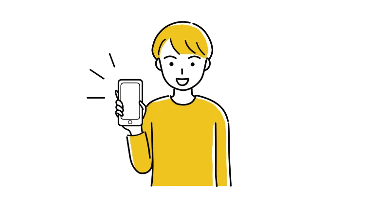 スマートフォンの画面を手に持って見せる笑顔の男性のイラスト