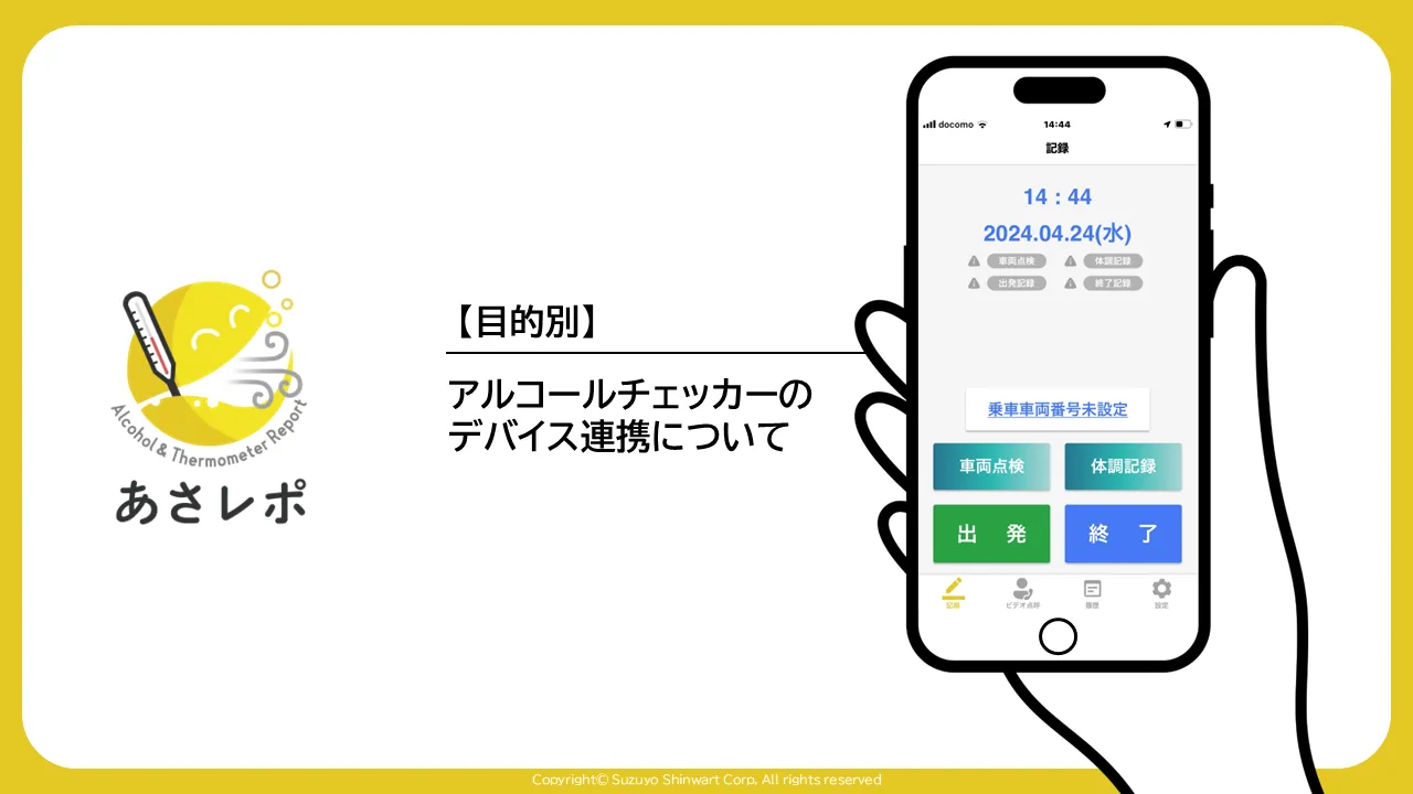 あさレポのロゴと記録画面を配置したタイトルスライド「デバイス連携について」