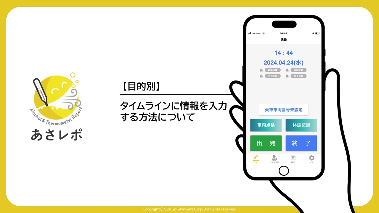 あさレポのロゴと「タイムラインに情報を入力する方法について」の見出し、記録画面のスマホ画面を並べた表題スライド