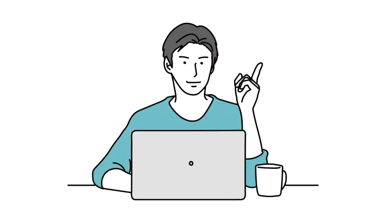 ノートパソコンに向かって指を立てる男性のイラスト