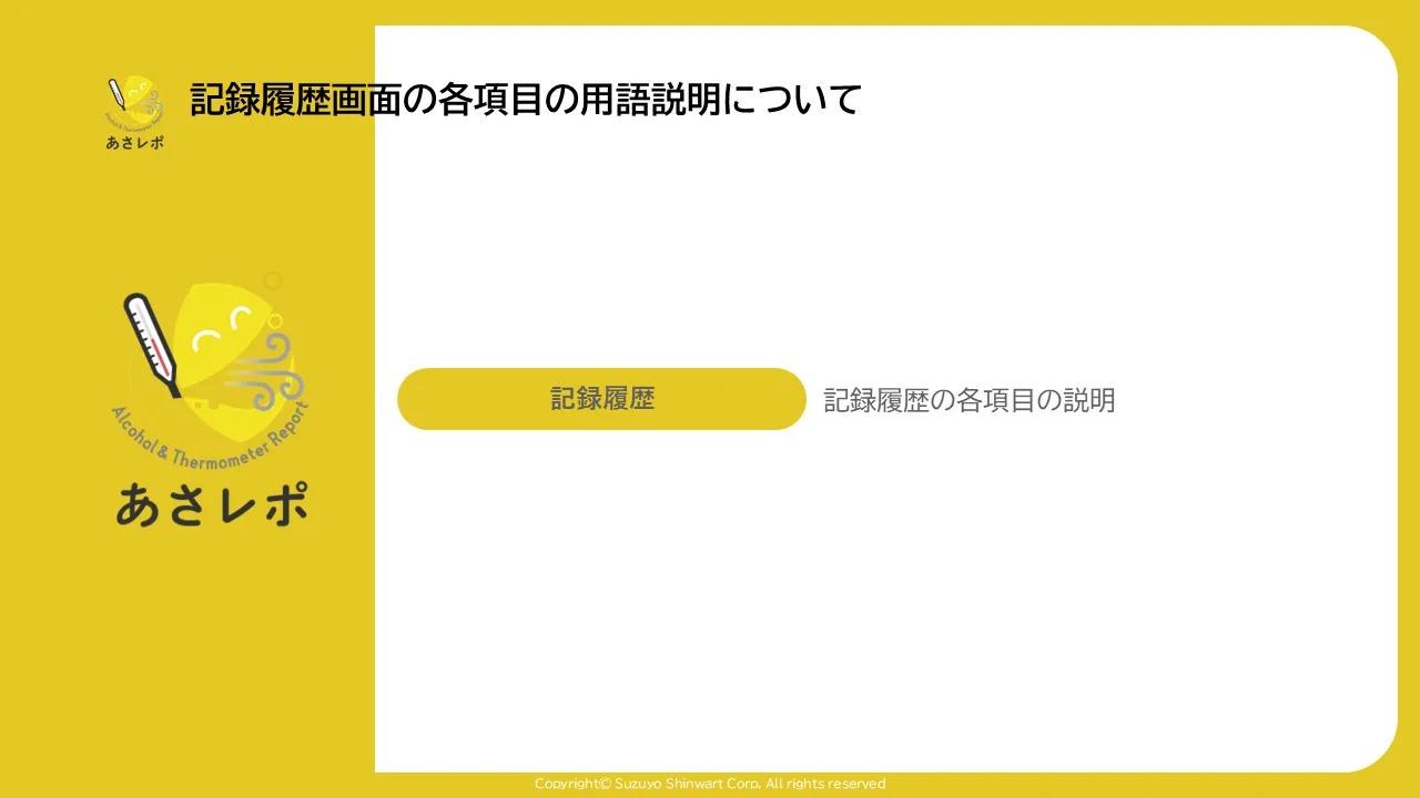 あさレポのタイトル画面。「記録履歴」ボタンと「記録履歴の各項目の説明」という説明文