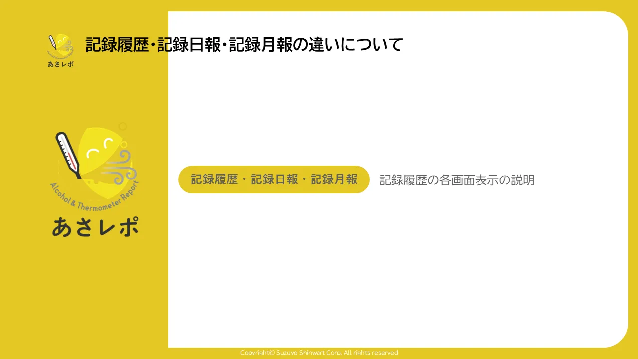 あさレポのタイトル画面。「記録履歴・記録日報・記録月報」ボタンと「記録履歴の各画面表示の説明」という説明文