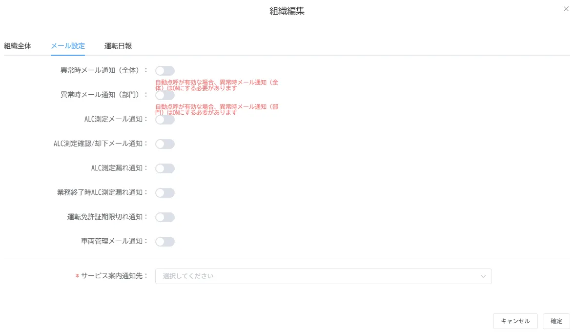 組織編集画面の「メール設定」タブ。各種メール通知のON/OFF切り替え項目