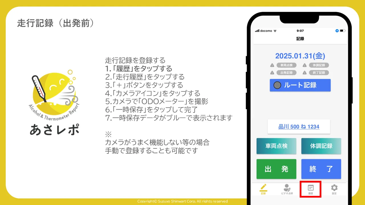 手順一覧とともに、あさレポアプリの記録画面で履歴タブを赤枠で示した図