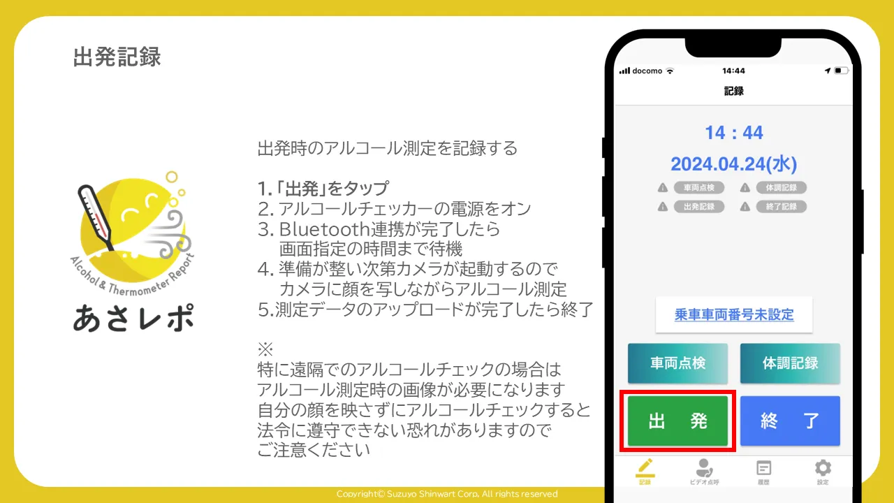 記録画面で「出発」ボタンが赤枠で囲まれている