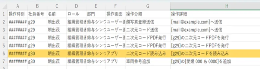 出力されたCSVの操作履歴。操作分類に「二次元コード読み込み」の行が含まれる表