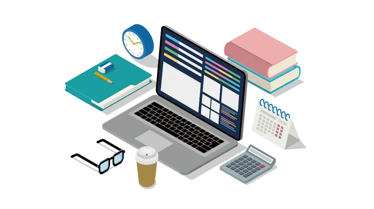 ノートパソコンと文房具、書籍が並ぶデスクのイラスト
