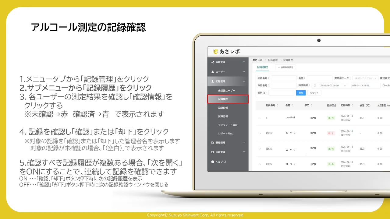 「記録管理」メニュー内の「記録履歴」の項目を囲みで示す