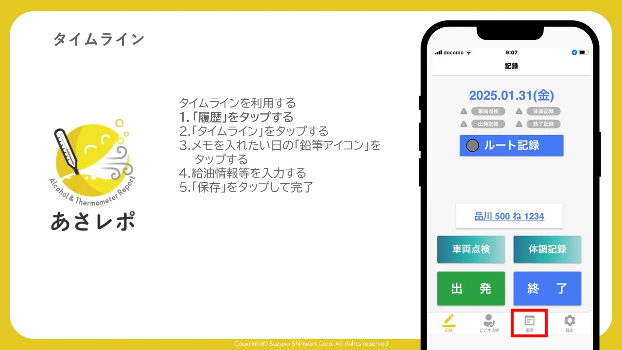 手順一覧とともに、あさレポアプリの記録画面で履歴タブを赤枠で示した図