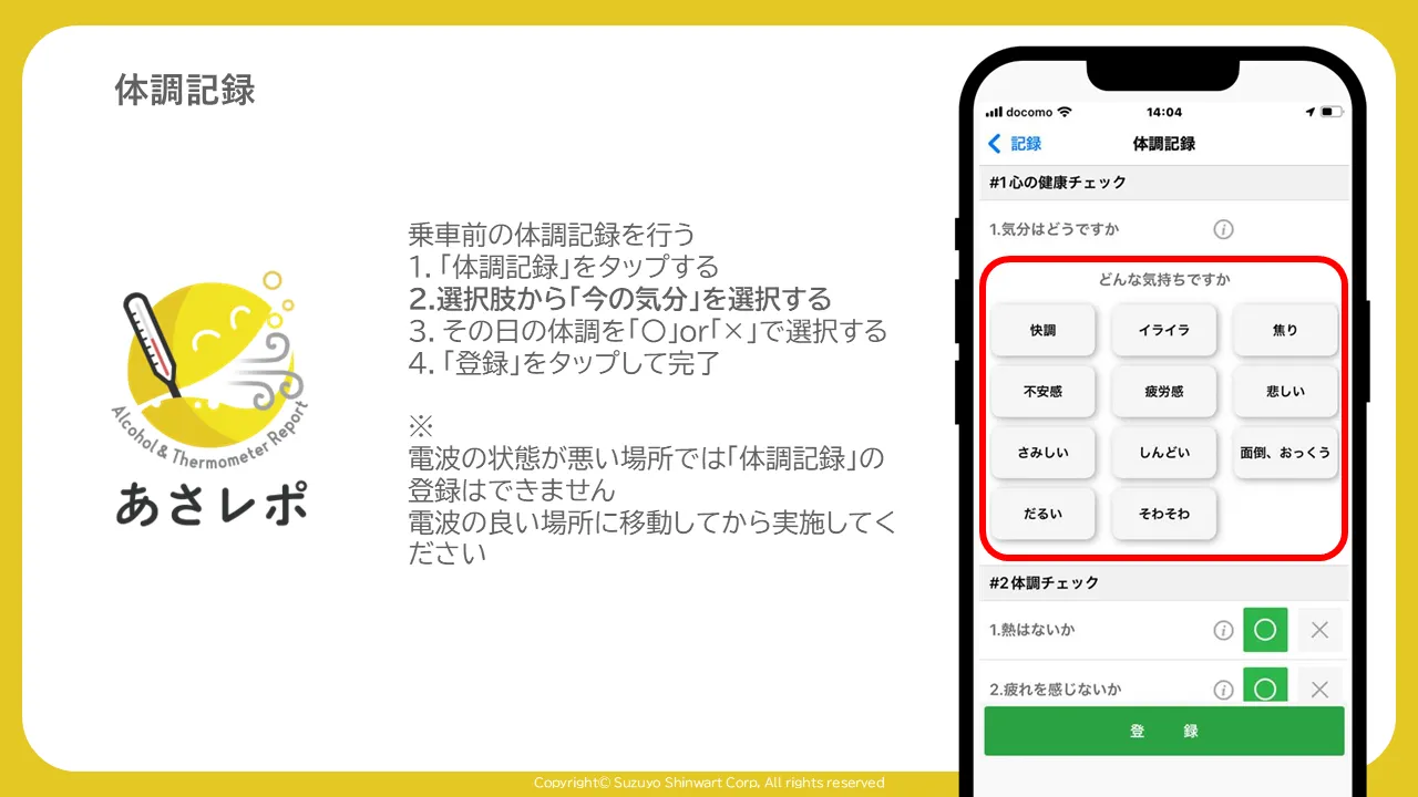 体調記録画面の「どんな気持ちですか」の気分選択肢一覧を赤枠で囲んだ画面
