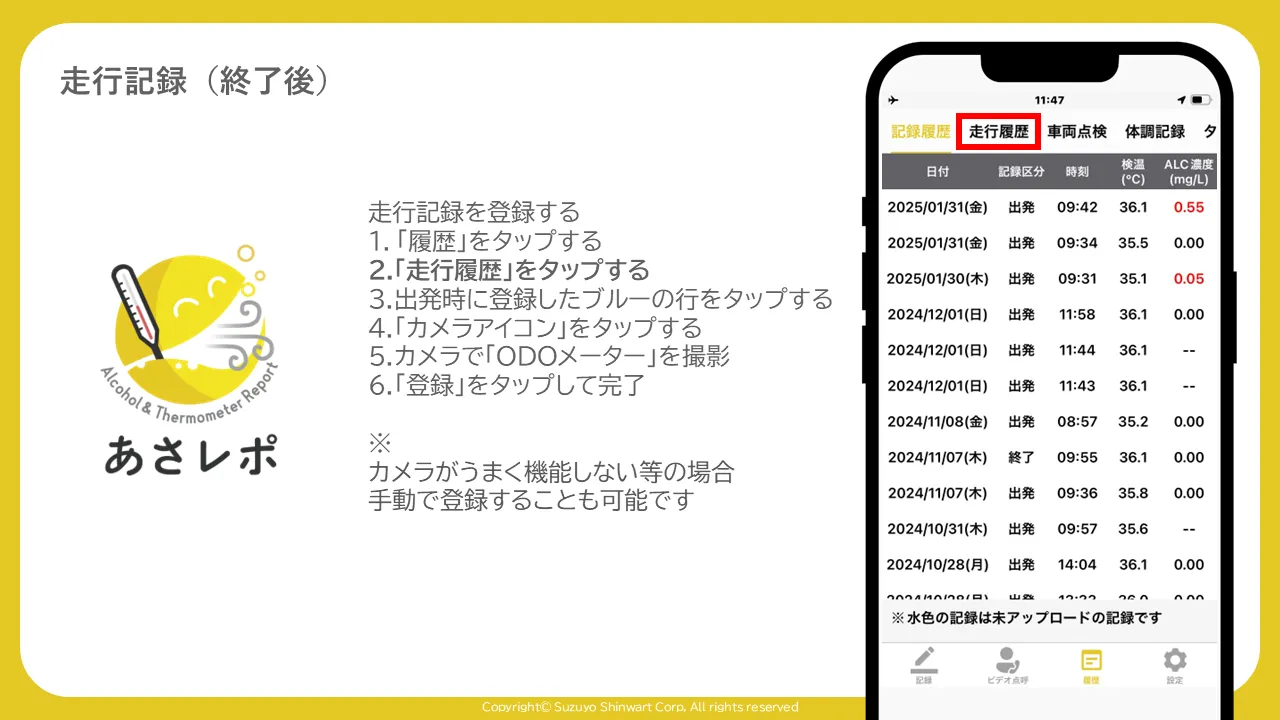履歴画面で「走行履歴」タブが赤枠で強調され、記録の一覧表が表示されている