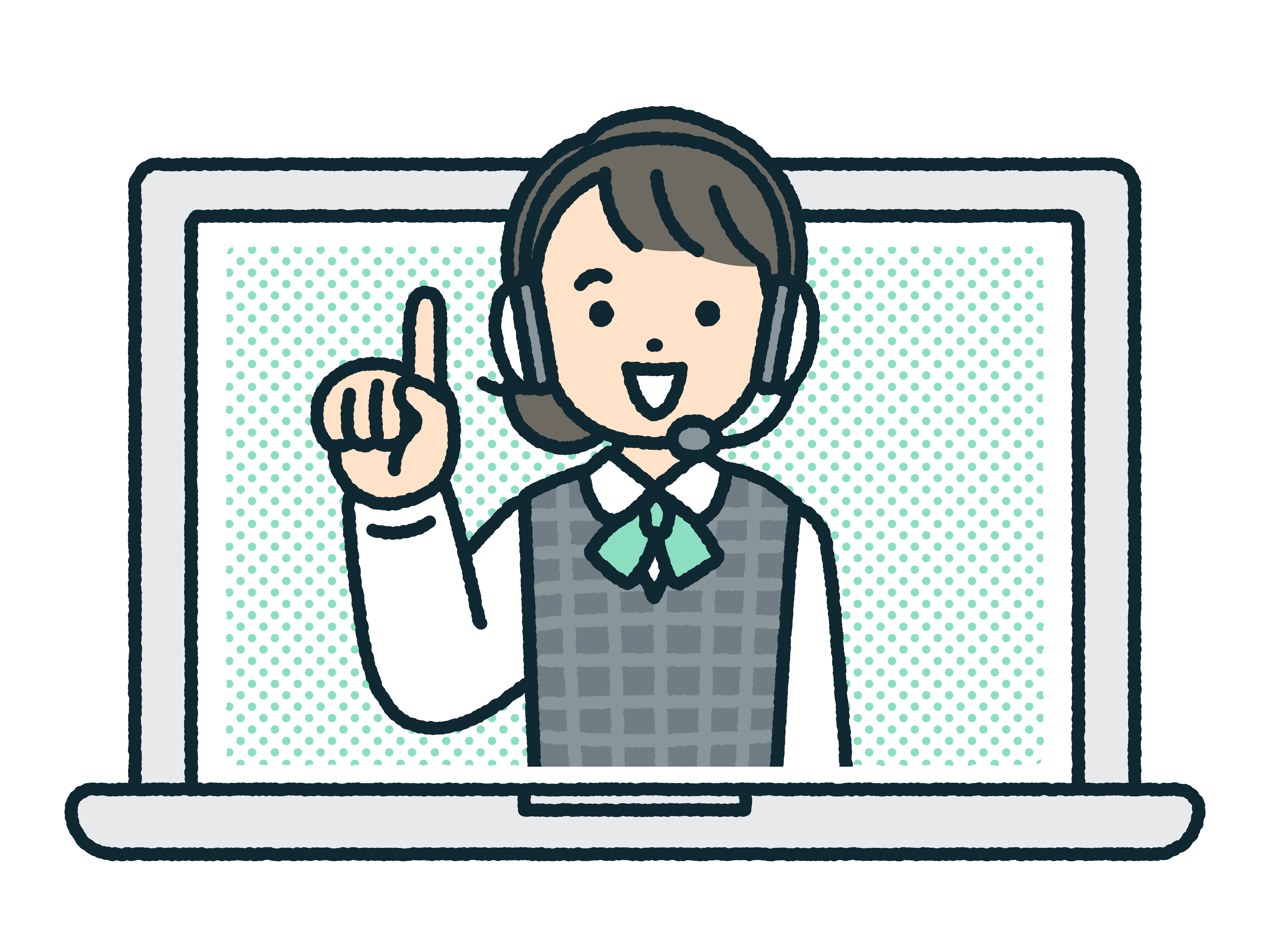 パソコン画面の中から指を立てて案内するオペレーターのイラスト
