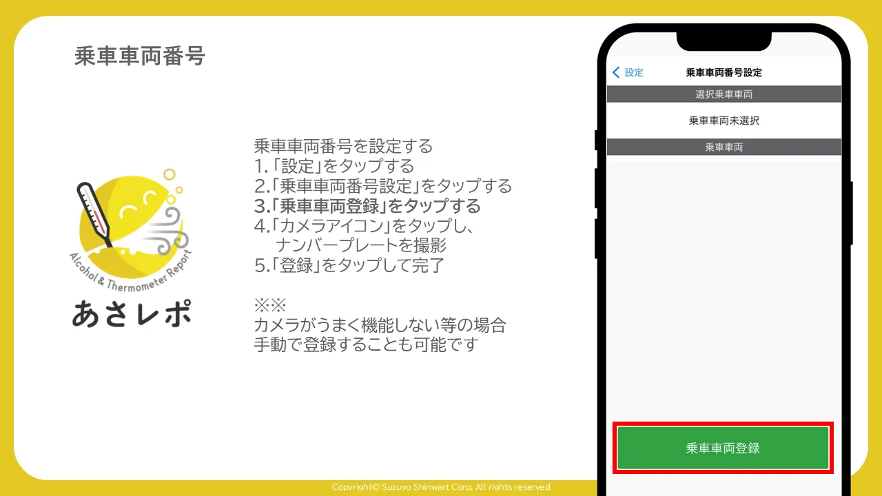 乗車車両番号設定画面。「乗車車両未選択」の表示の下にある緑色の「乗車車両登録」ボタンが赤枠で強調表示されている