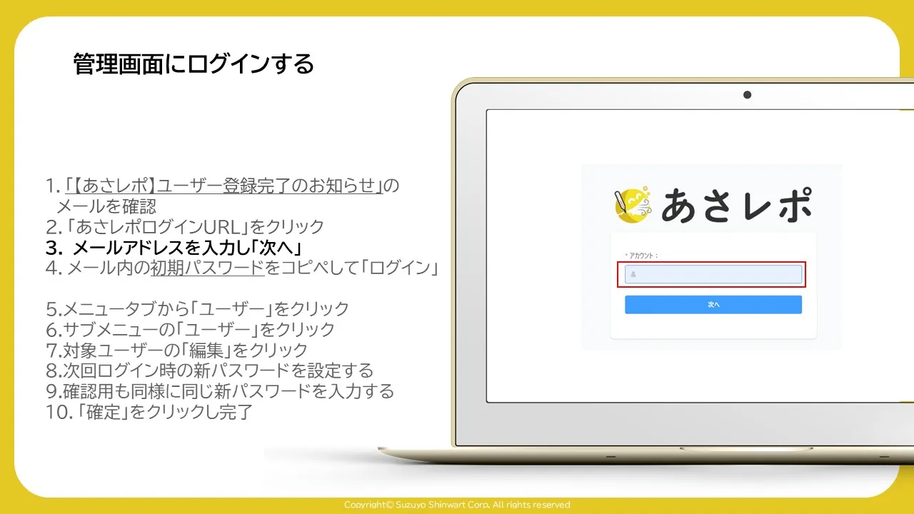 ログイン画面のメールアドレス入力欄を赤枠で示した画面