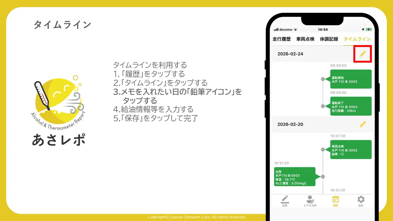 タイムライン画面で編集する日付の鉛筆アイコンを赤枠で示した画面