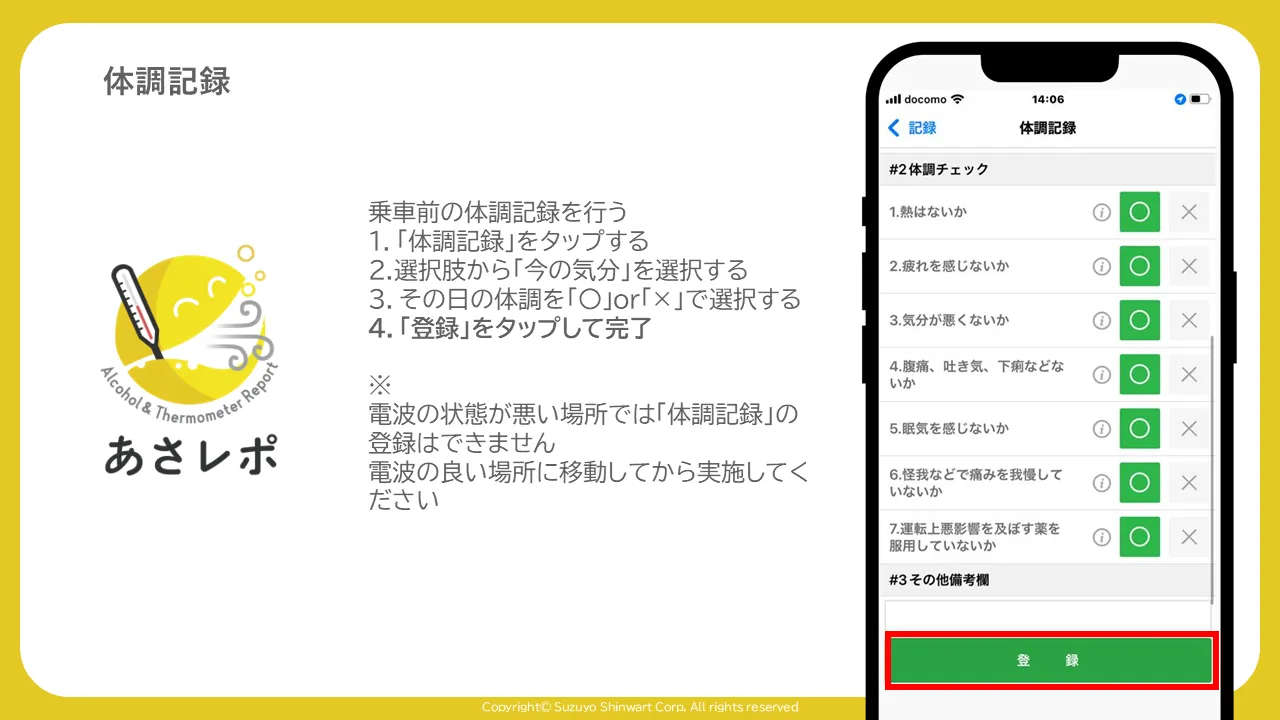 体調記録画面の「登録」ボタンを赤枠で囲んだ画面