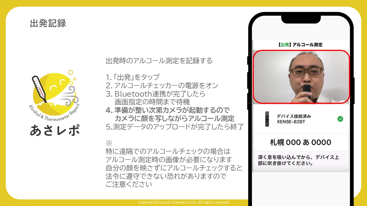アルコール測定画面。顔と測定機器を写す枠が赤く囲まれている