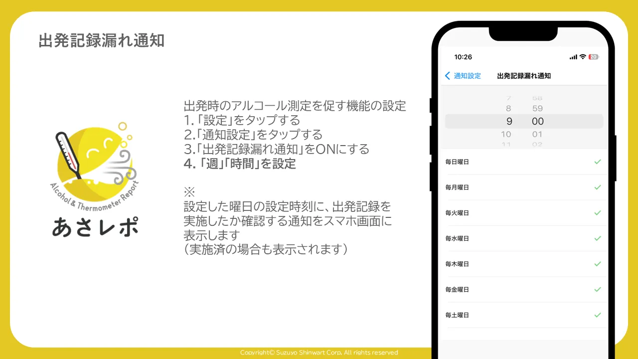 出発記録漏れ通知の詳細設定画面に曜日ごとの通知有無と通知時刻が表示されている
