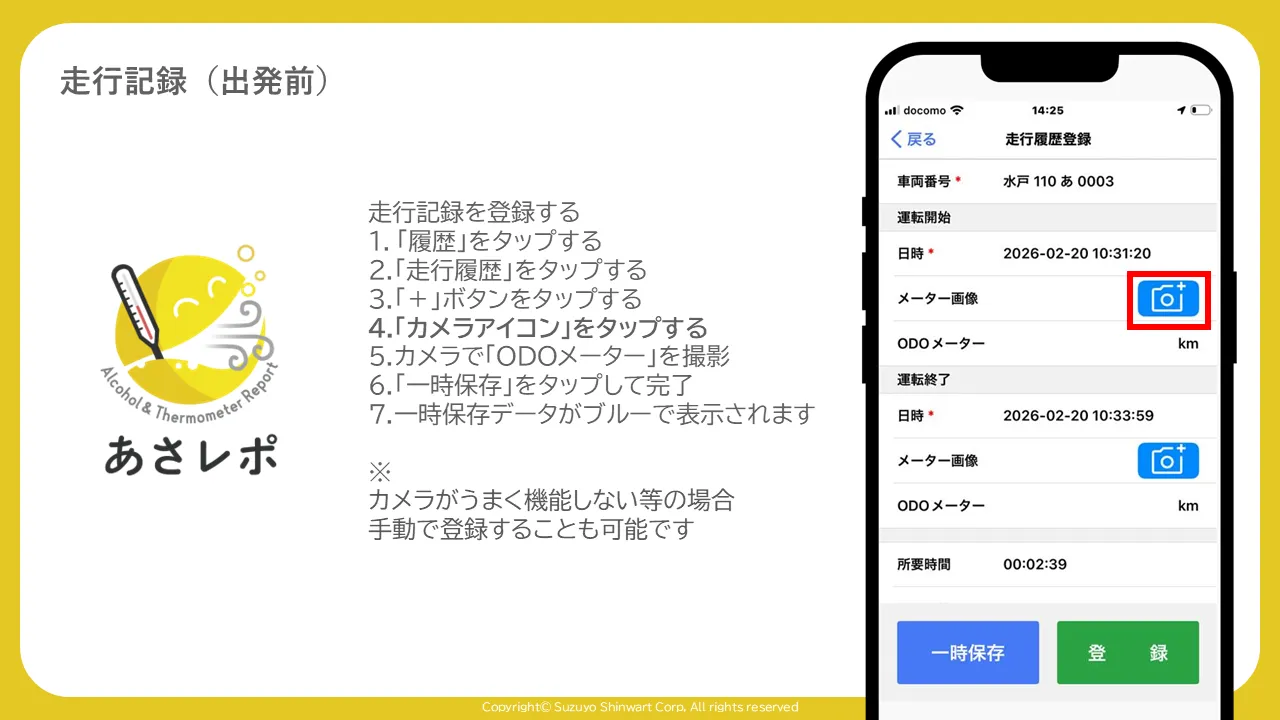 走行履歴登録画面でメーター画像のカメラアイコンを赤枠で示した画面