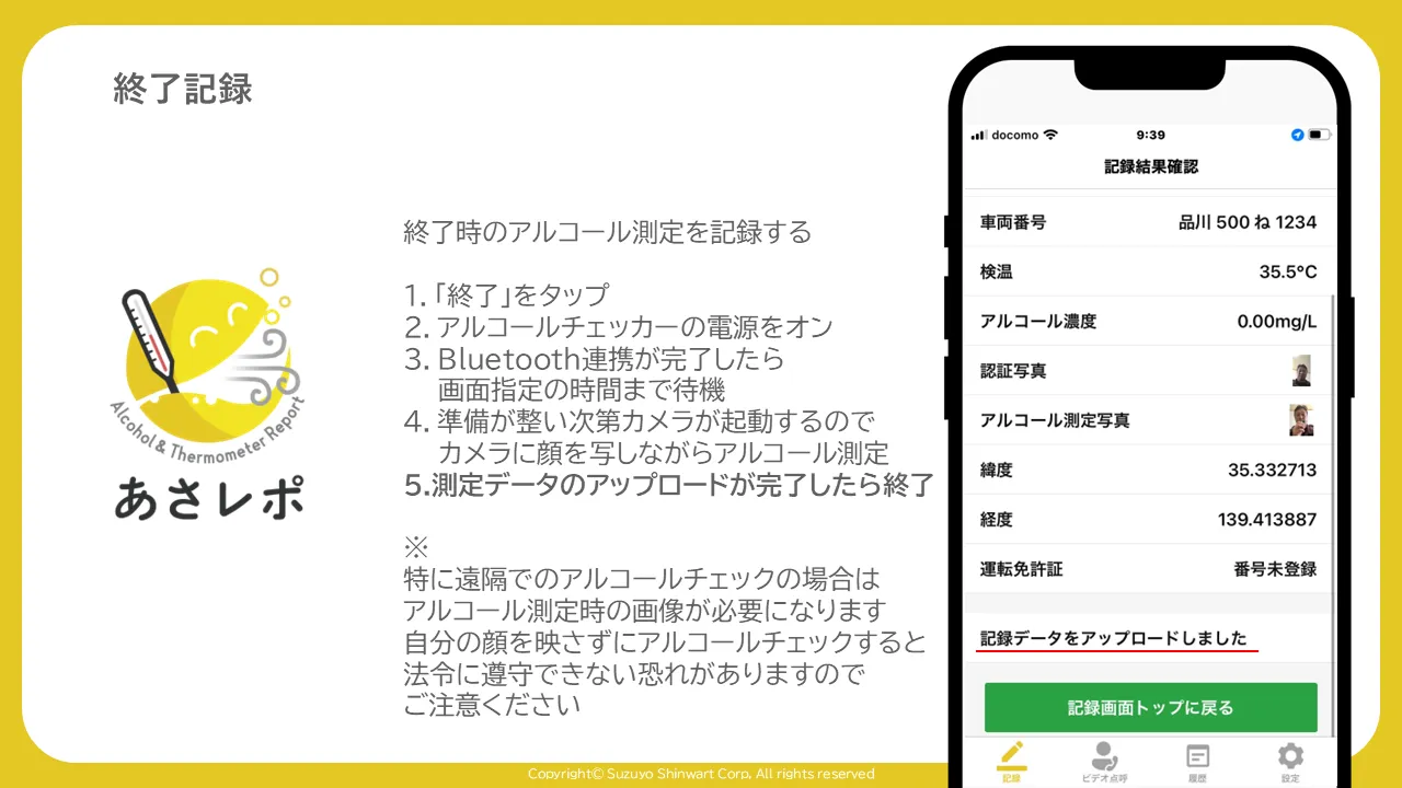記録結果確認画面に「記録データをアップロードしました」と表示された状態