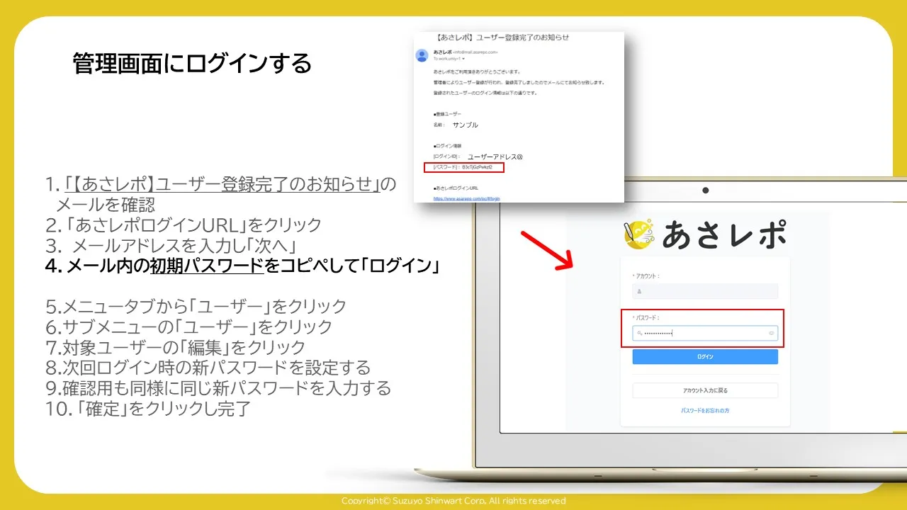 登録完了メールの初期パスワードとログイン画面のパスワード欄を赤枠と矢印で対応させた画面
