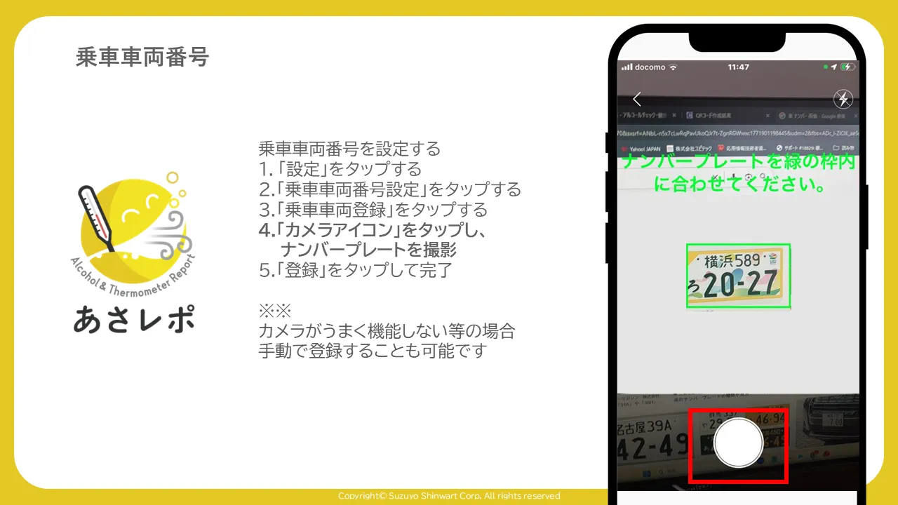 ナンバープレート撮影画面。「緑の枠内に合わせてください」の案内とシャッターボタンの赤枠強調が表示されている