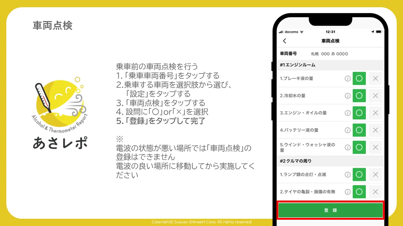 車両点検の設問一覧画面。「登録」ボタンが赤枠で強調されている