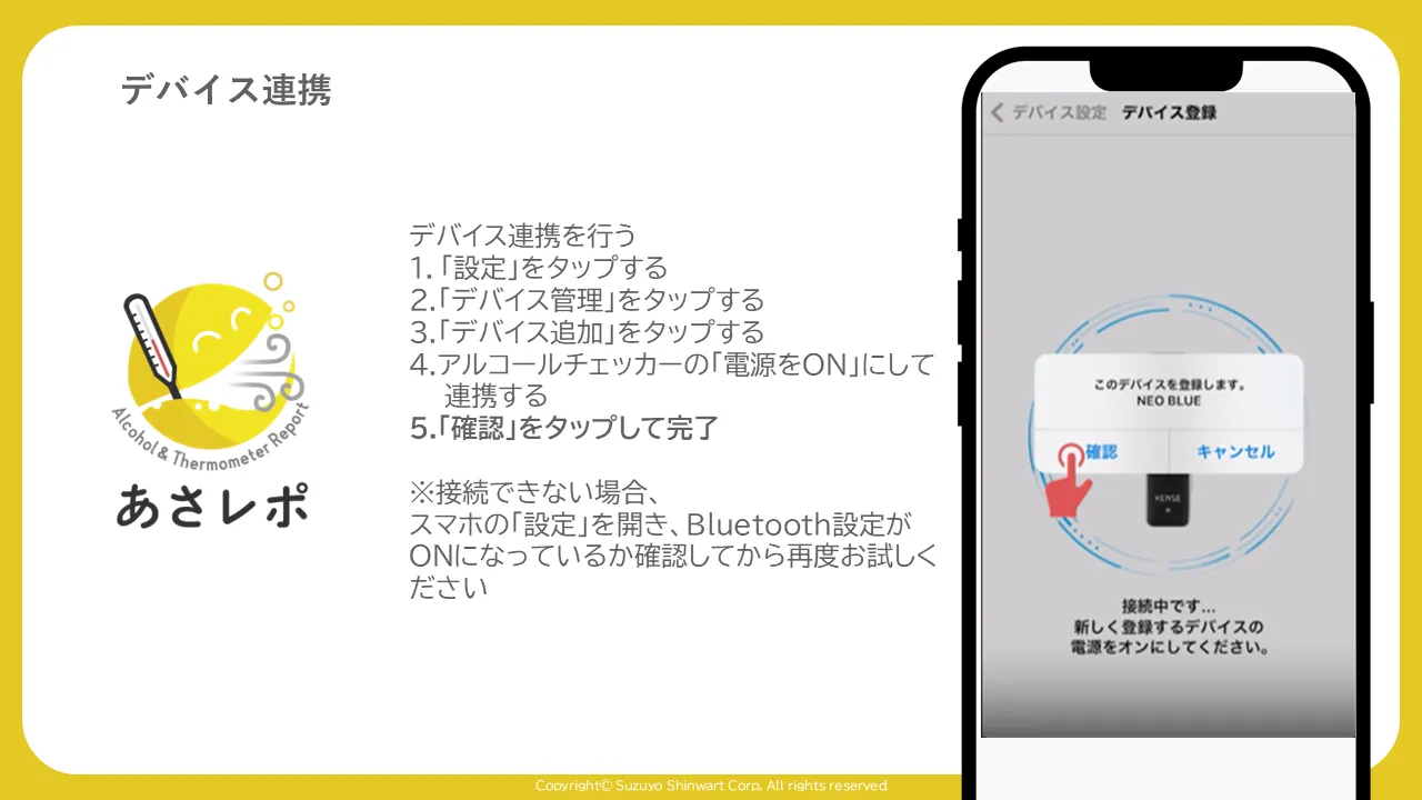 デバイス登録画面。「このデバイスを登録します」の確認ダイアログと「確認」ボタンが赤枠で強調されている