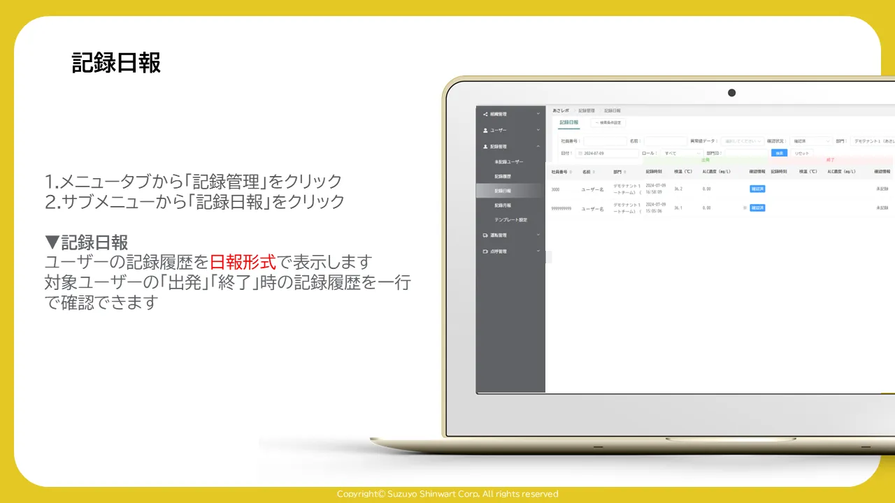 記録日報画面に社員ごとの出発・終了記録が1行にまとめて表示されている