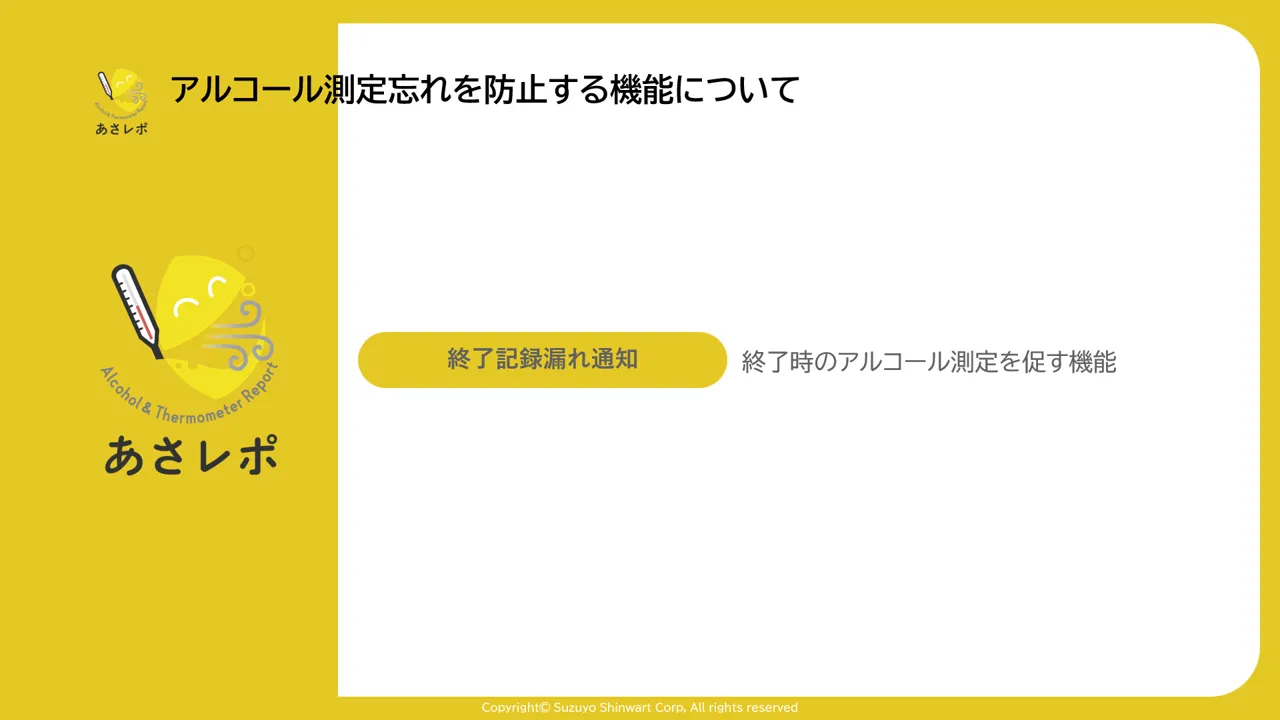 「終了記録漏れ通知」の章の見出しスライド