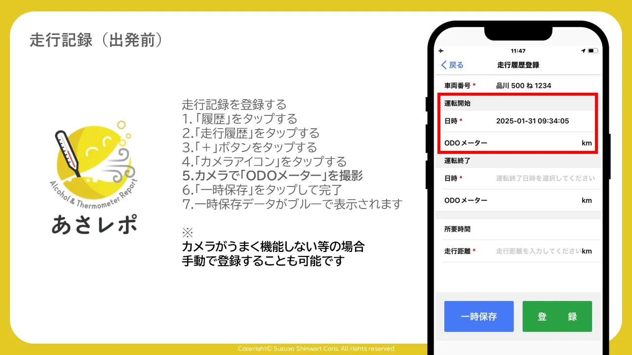 走行履歴登録画面で運転開始の日時とODOメーター欄を赤枠で示した画面