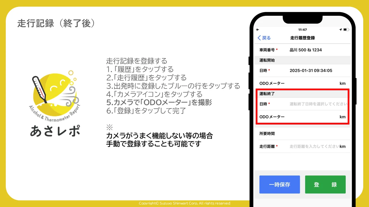 走行履歴登録画面の「運転終了」欄（日時・ODOメーター）が赤枠で強調表示されている