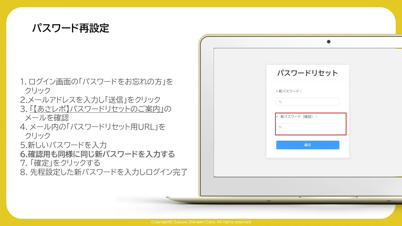 パスワードリセット画面の「新パスワード（確認）」入力欄を赤枠で囲んだ画面
