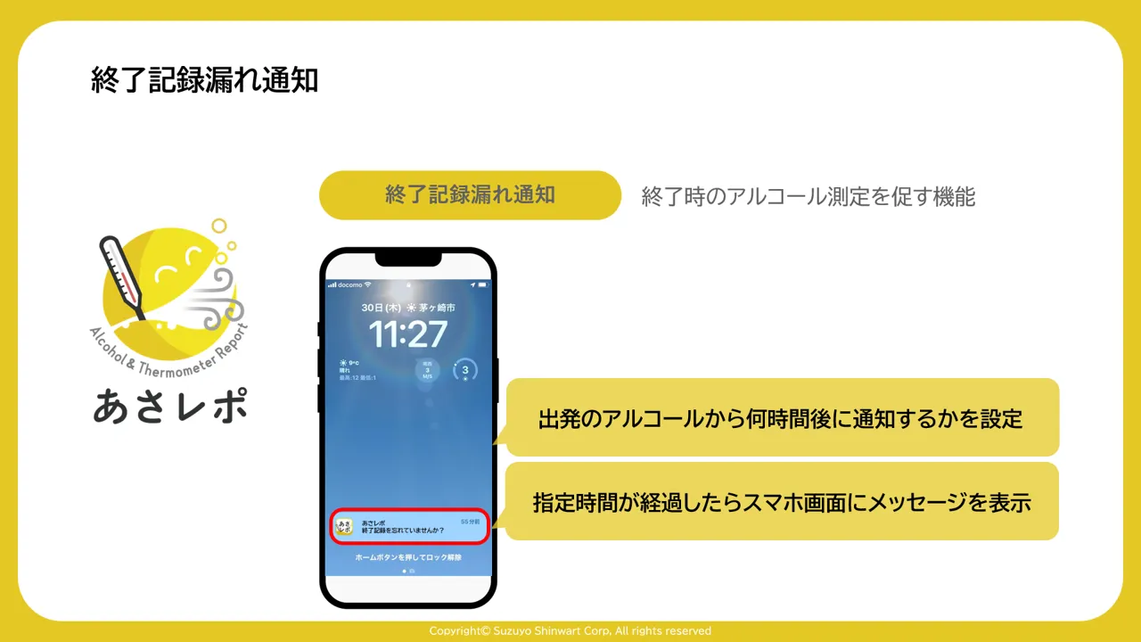 スマートフォンのロック画面に表示された「終了記録を忘れていませんか？」の通知