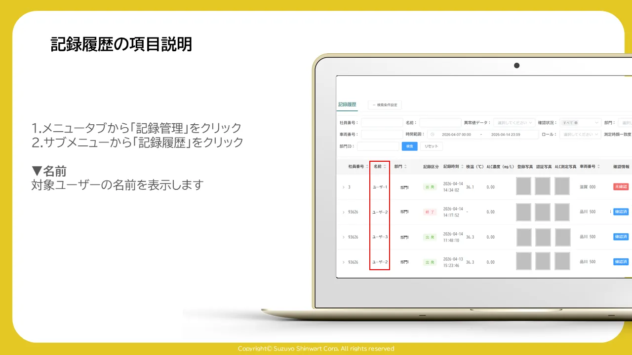 記録履歴一覧表の「名前」列が赤枠で囲まれた画面