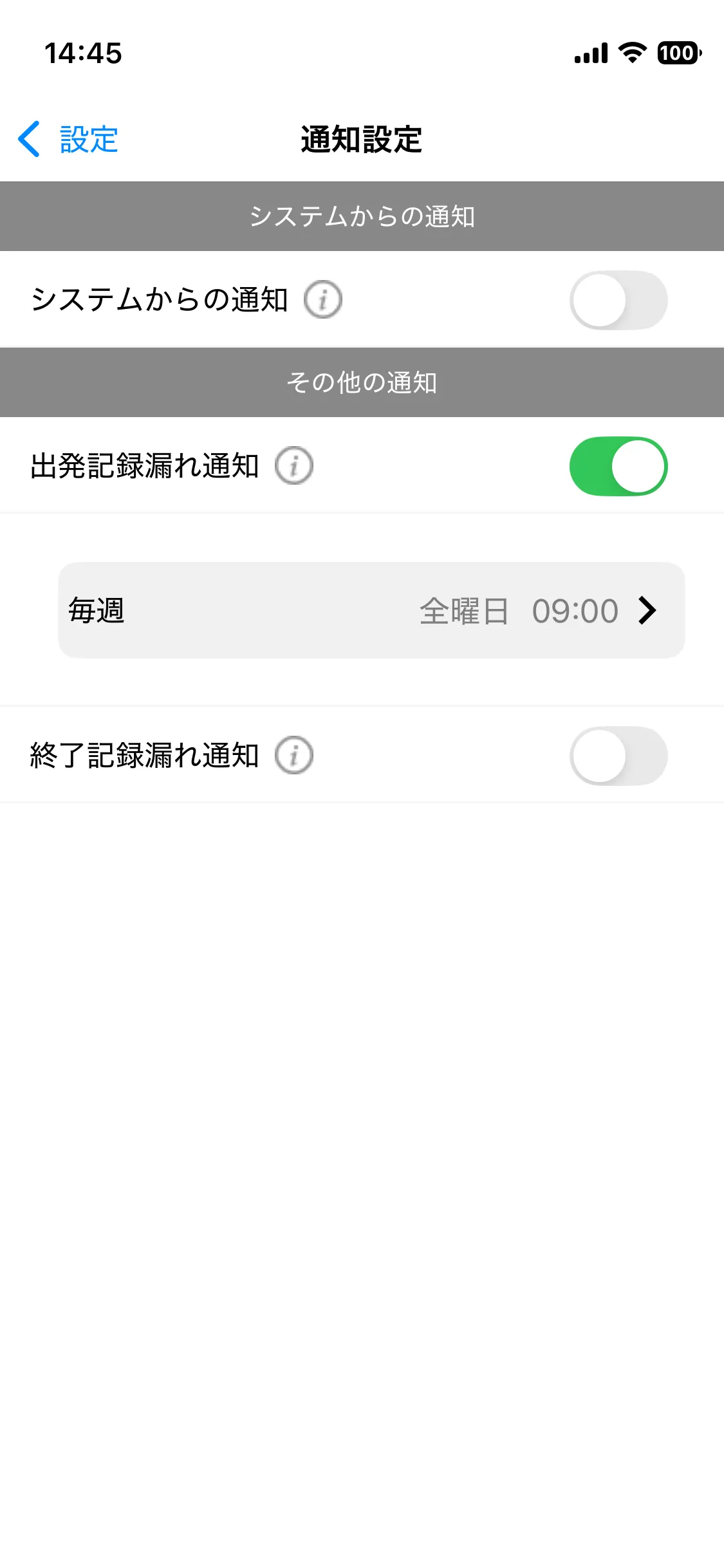 通知設定画面。「出発記録漏れ通知」がONで、毎週全曜日9時に設定されている