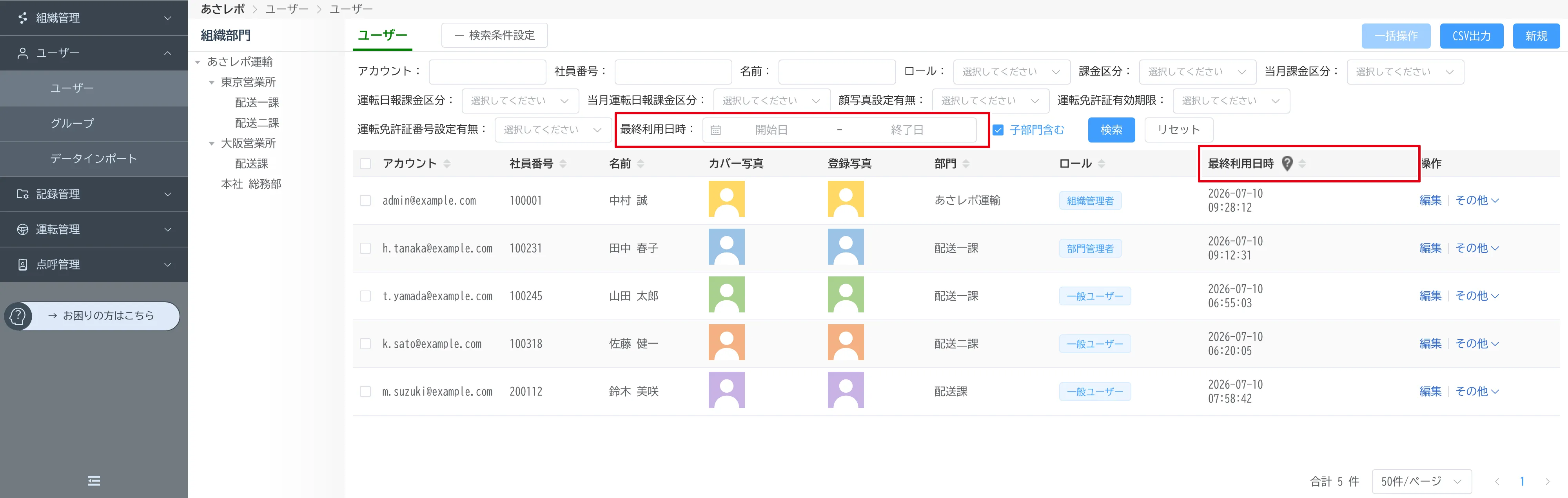 管理画面のユーザー一覧。検索条件の「最終利用日時」と、一覧の「最終利用日時」の列が赤枠で示されている