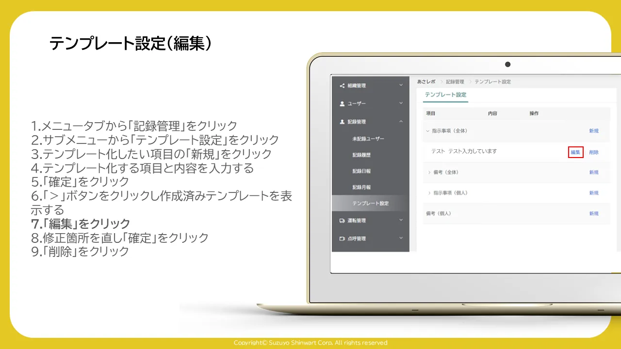 展開されたテンプレート「テスト」の「編集」リンクが赤枠で囲まれた画面