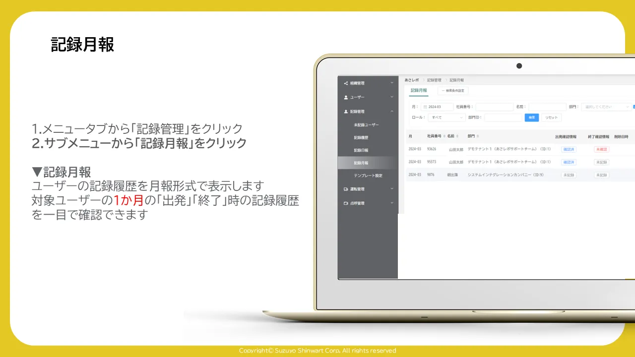 記録月報画面に社員ごとの月別の出発確認・終了確認状況が一覧表示されている