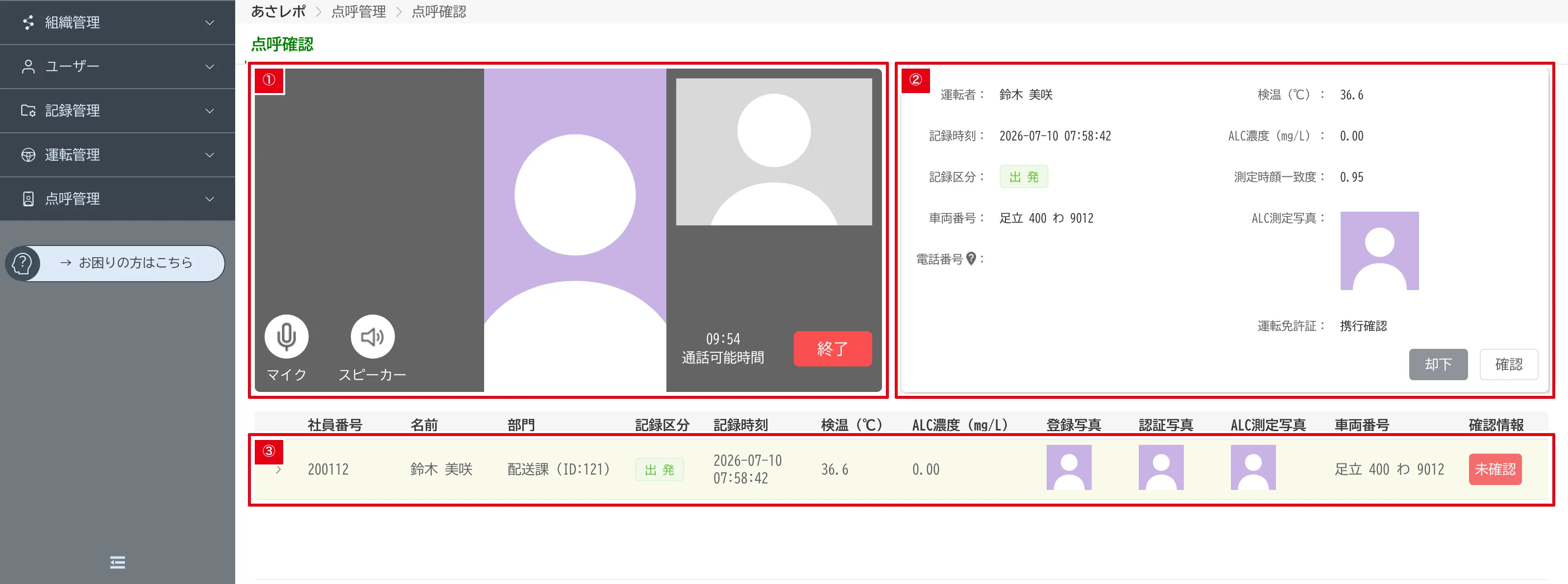 点呼確認画面。①ビデオ通話部分、②記録確認欄、③記録データ一覧にそれぞれ番号の枠が付いている
