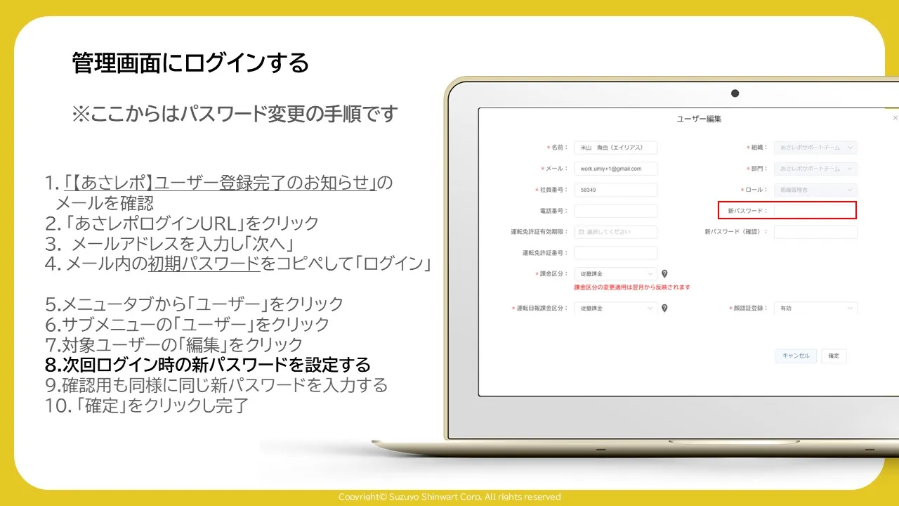 「ユーザー編集」画面の新パスワード入力欄を赤枠で示した画面