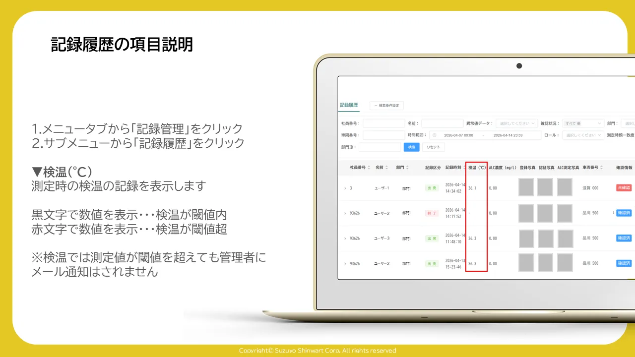 記録履歴一覧表の「検温(℃)」列が赤枠で囲まれた画面