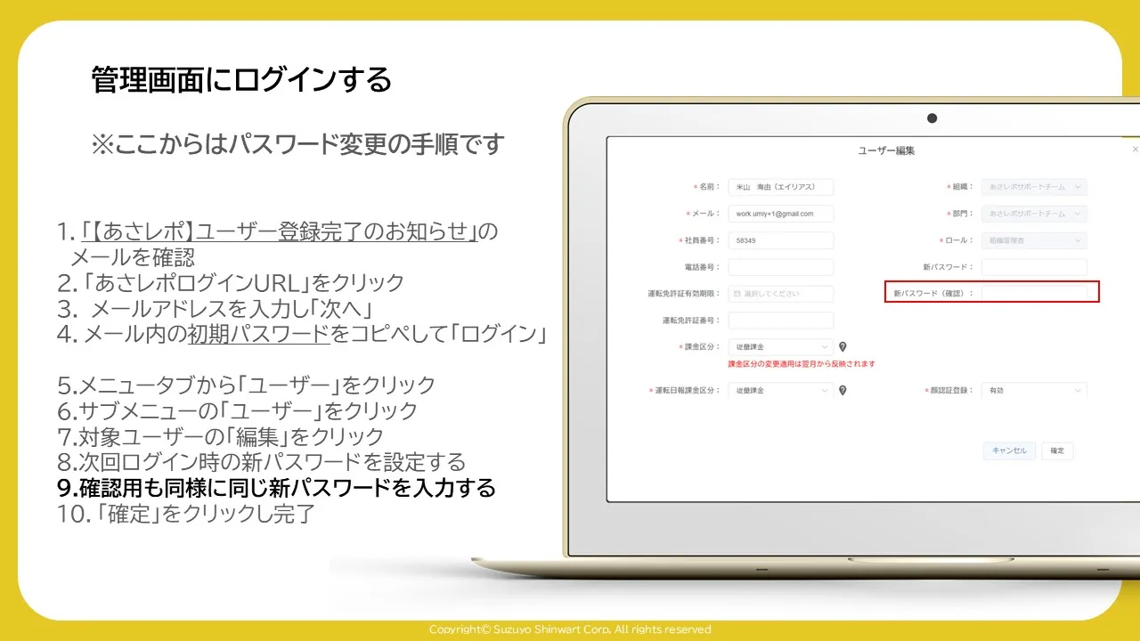 「ユーザー編集」画面の新パスワード（確認）入力欄を赤枠で示した画面