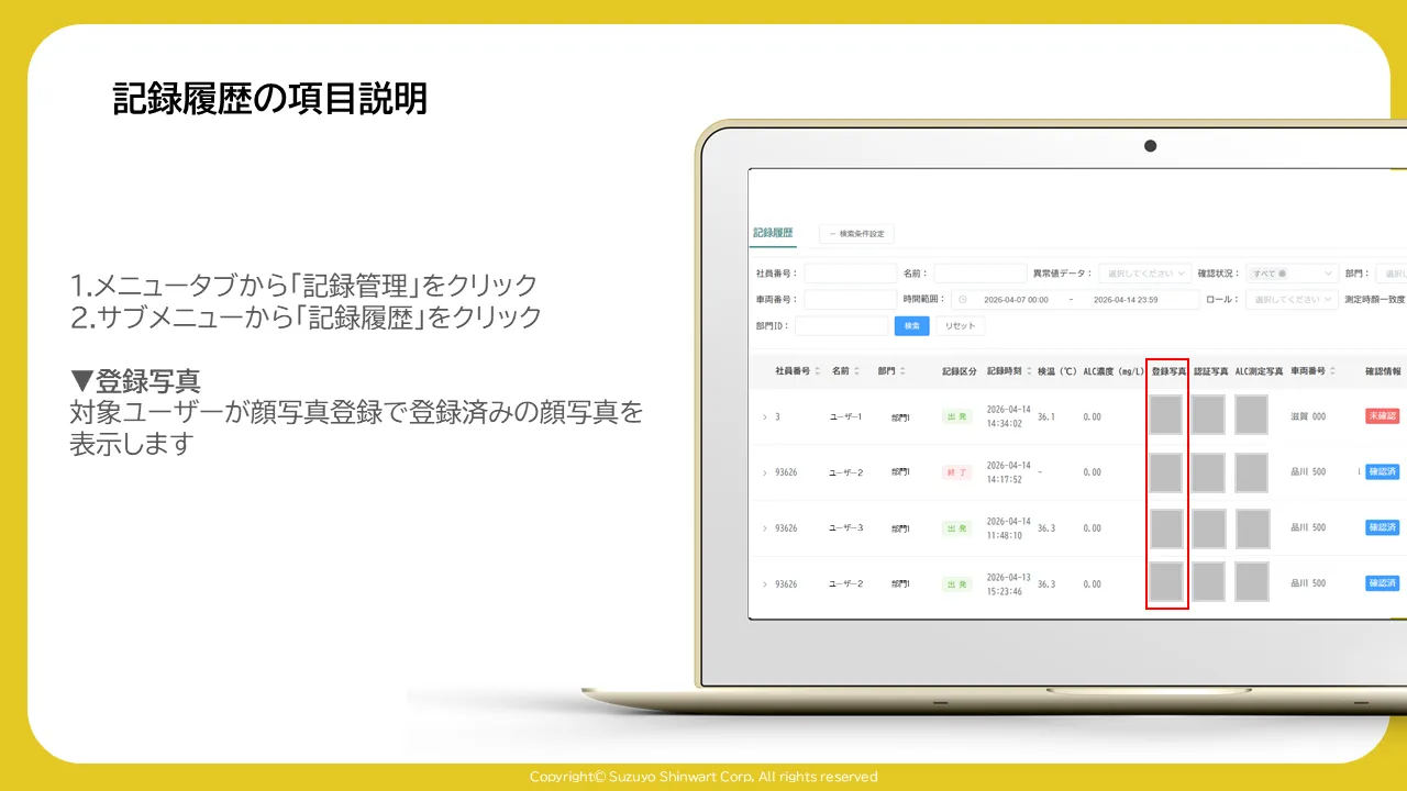 記録履歴一覧表の「登録写真」列が赤枠で囲まれた画面