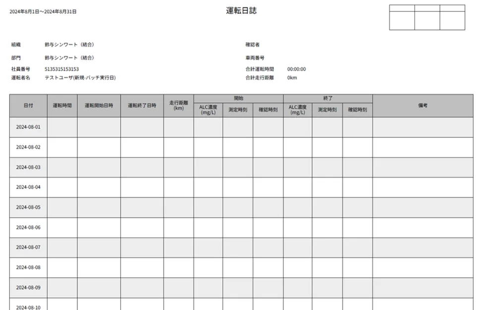 作成された「運転日誌」PDFの日付ごとの記録欄のレイアウト